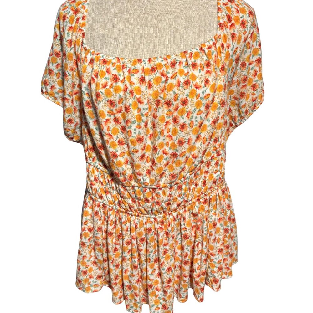 Torrid Floral Peplum Blouse Size 2X Boho Square Neck Lace Up Back Top